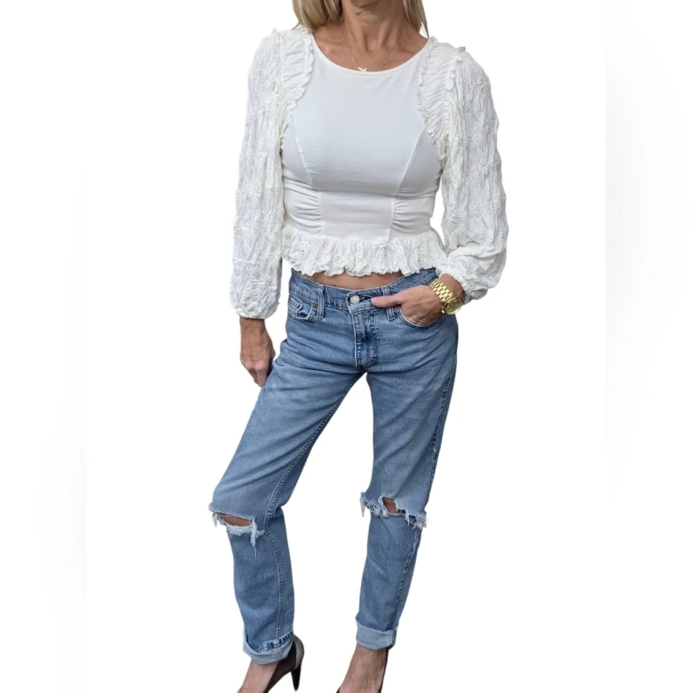 Free People White Ruffle Puff Sleeve Peplum Top Size M Coquette